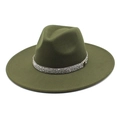 Stylish olive green wide brim fedora hat with rhinestone band and metal M pendant detail - M (56-58cm) / Army Green