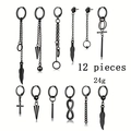 12-piece black stainless steel earring set featuring cross, feather, and chain designs - Black Feather Infinity Symbol Set (36019)