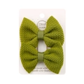 Pair of grass green seersucker bow hair clips on a white handmade display card - Forest Green