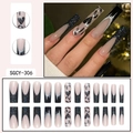 Long coffin press-on nails with black glitter French tips, heart and moon patterns - SGCY-306 / Glue Type