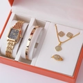 Elegant gold quartz watch set with LOVE bracelet and jewelry in an orange gift box - Gold Clear Rectangular Gem Letter Bangle Set (A6)