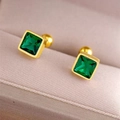 Elegant 18K gold plated earrings featuring square emerald green stones in a macro view - Green Zirconia Square Style / Gold
