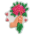 Cartoon style PVC shoe charm featuring hand holding pink flowers with red hearts - EU 27