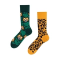Flat lay detail of cotton socks featuring a tiger, palm leaves, and leopard print pattern - Leopard Tiger