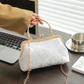Elegant white embroidered cheongsam handbag with gold frame and carved handle - Simple Gold Thread Rose / Silver
