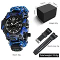 Tactical dual-display outdoor watch in blue camouflage with survival paracord strap - 827-6 + Packaging + PU Strap
