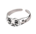 Silver S925 adjustable open ring with black crying heart face and teardrop details - Sad Face Heart Emoji Style - Silver