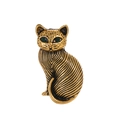 Vintage gold cat brooch with green eyes and detailed textured engraving on white background - Antique Gold (D060-A)