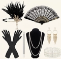Bandeau à plumes noires Gatsby 1920s avec éventail, gants et collier de perles - Ensemble 7 Pièces Éventail Gland Plume Chaîne Dorée