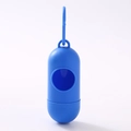 Portable blue pill-shaped dog waste bag dispenser with hook for pet waste management - Dark Blue