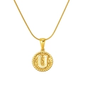 Golden snake chain necklace with round hammered pendant featuring letter U in white enamel - Gold-Letter U (Snake Chain)