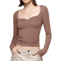Close-up of coffee brown square neck long sleeve crop top with rib-knit texture detail - S / Tan