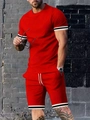 Ensemble de sport d'été rouge pour hommes avec T-shirt à rayures et short à cordon - Rouge