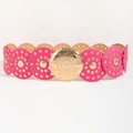Pink leather chain belt with golden floral eyelets and an ornate carved round buckle - Bright Gold Bright Pink