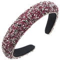 Macro detail of thick padded headband featuring dense pink and silver rhinestone patterns - Rose Red