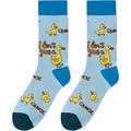 Detailed knit texture of light blue crew socks with yellow pixel duck and text - A1970-Sky Blue Duck