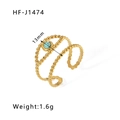 Vintage 18k gold plated stainless steel ring with a turquoise-colored natural stone inlay - Round Turquoise Wave Beaded Style (HF-J1474)