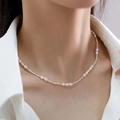 Elegant rice pearl necklace with silver metal tubes on female neck collarbone - White Rice Pearl Silver Tube Spliced Necklace (X-b-017)