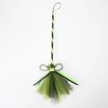 Detail of neon green and black striped witch broom with a sparkling silver sequin bow - 55*20CM / Black & Green