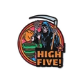 Cartoon enamel pin featuring a kid and Grim Reaper high-fiving with High Five text - Grim Reaper High Five