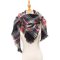 Classic colorful plaid pattern scarf with fringes displayed on a beige mannequin - Black and Green Plaid