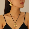 Elegant gold titanium steel teardrop jewelry set with double-ring textured pendants - Stainless Steel Textured Double Ring Earrings & Rope Necklace Set