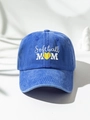 Close-up of Softball MOM embroidery with heart-shaped softball on washed navy cap - One Size / Sapphire Blue