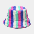 Rainbow striped faux fur bucket hat with soft pink, blue and green plush textures - 10# Blue Green Pink