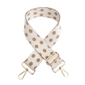 Detail of wide adjustable shoulder strap with brown polka dots and gold metal lobster clasps - White With Khaki Dots