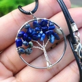 Lapis lazuli tree of life pendant with silver wire wrap and black cord necklace - Lapis Lazuli
