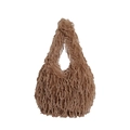 Braune Kunstfell-Achseltasche mit langen Fransen und minimalistischem runden Henkeldesign - Khaki