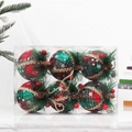 6pcs Red and Green Plaid Christmas Balls with Pine Needles and Berries Ornament Set - 8cm Style 1 (Red Green Plaid Boxed)