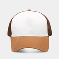 Detail of a two-tone trucker hat featuring brown suede brim and breathable mesh back - White and Camel Patchwork
