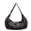 Borsa a spalla a mezzaluna con stampa leopardata grigia e tracolla regolabile su sfondo bianco - Grigio
