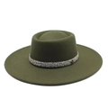Dark green wool felt fedora hat with wide brim, silver rhinestone band and M metal logo - M (56-58cm) / M Label Rhinestone Fedora (CZY-101) / Army Green