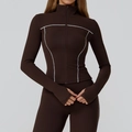 Dark brown slim-fit zip yoga jacket with contrast white stitching and thumb holes - S / Deep Brown