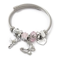Silver cable bracelet with pink glass beads and heart charms in a charm style - Love Butterfly Snowflake (C2-021) / Pink