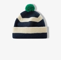 Détail du bonnet en tricot avec rayures bleu marine et crème et pompon vert doux - Taille unique / Beige Marine