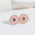 Pink enamel evil eye stud earrings with blue center crystal and gold plating - Round