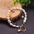 Baroque pearl bracelet with colorful gemstones and gold textured bead on wood - Double-layer Baroque Pearl Multicolor Stone Bracelet