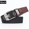 Black woven canvas belt with silver needle buckle and brown leather accents - 100cm / Black