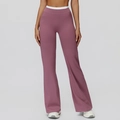 High-waisted yoga flare pants in rose pink with white contrast waistband detailing - S / Violet