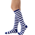 Close-up of blue and white striped knee high cotton socks shown on leg from side view - One Size / Royal Blue and White Thin Stripes