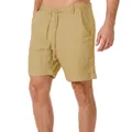 Detail of beige cotton linen shorts featuring drawstring waist and rolled hem for summer - Beige
