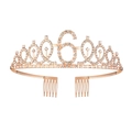 Couronne d'anniversaire en or rose avec chiffre 6, strass et peignes à cheveux latéraux - Couronne Seule 6ème Anniversaire
