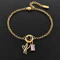 14K gold plated stainless steel bracelet with letter H and pink crystal pendant - Letter K