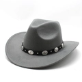 Detail of grey wool felt cowboy hat with vintage silver metal conchos on black leather belt - M (56-58cm) / Gray