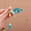 Blue enamel flower hair clip with golden tassels and white pearls in Chinese style - F0331 Blue Pearl Flower