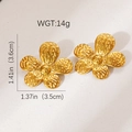Detailed view of gold flower earrings with hammered texture measuring 3.6cm by 3.5cm - Hammered Flower Style (#0932)