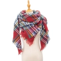 Plaid tassel triangle scarf in red, blue, and yellow check pattern on mannequin - Jujube Red Plaid